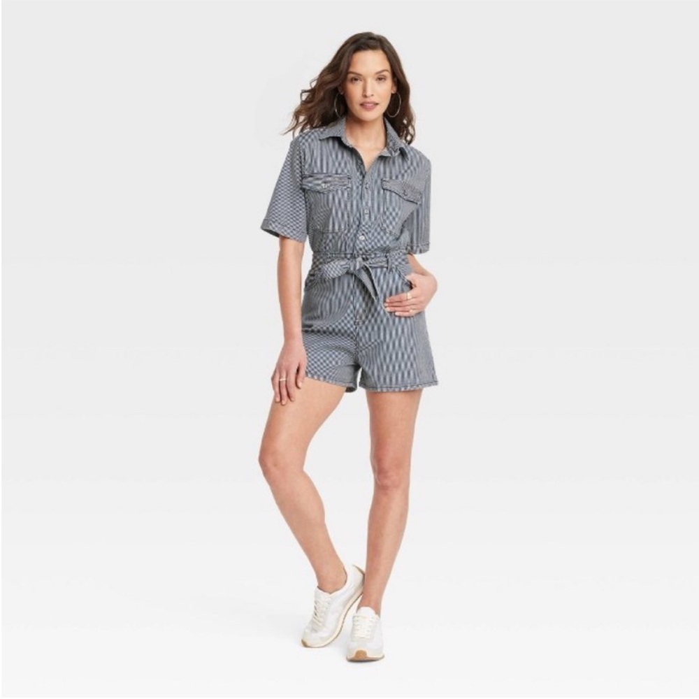 Universal Thread Railroad Striped Short Sleeve Tie-Waist Denim Romper - Blue